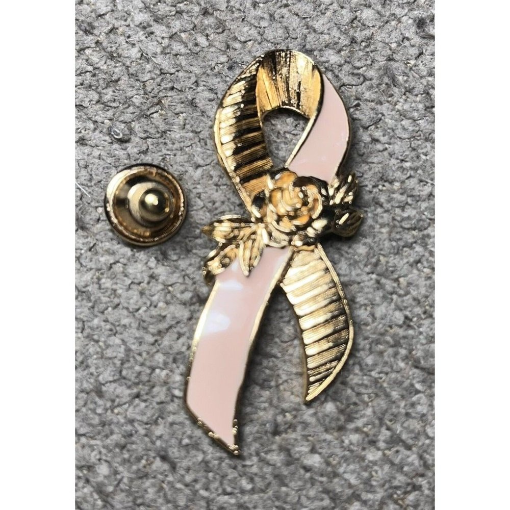 Vintage Avon Breast Cancer Pink Ribbon Pin Gold tone Swish with Pink 2" Tall